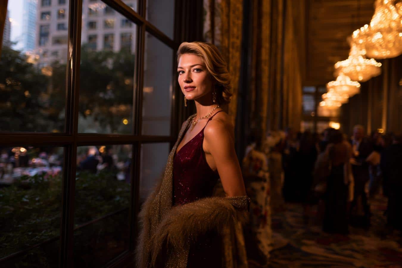 femme elegante avec etole sur robe de soiree