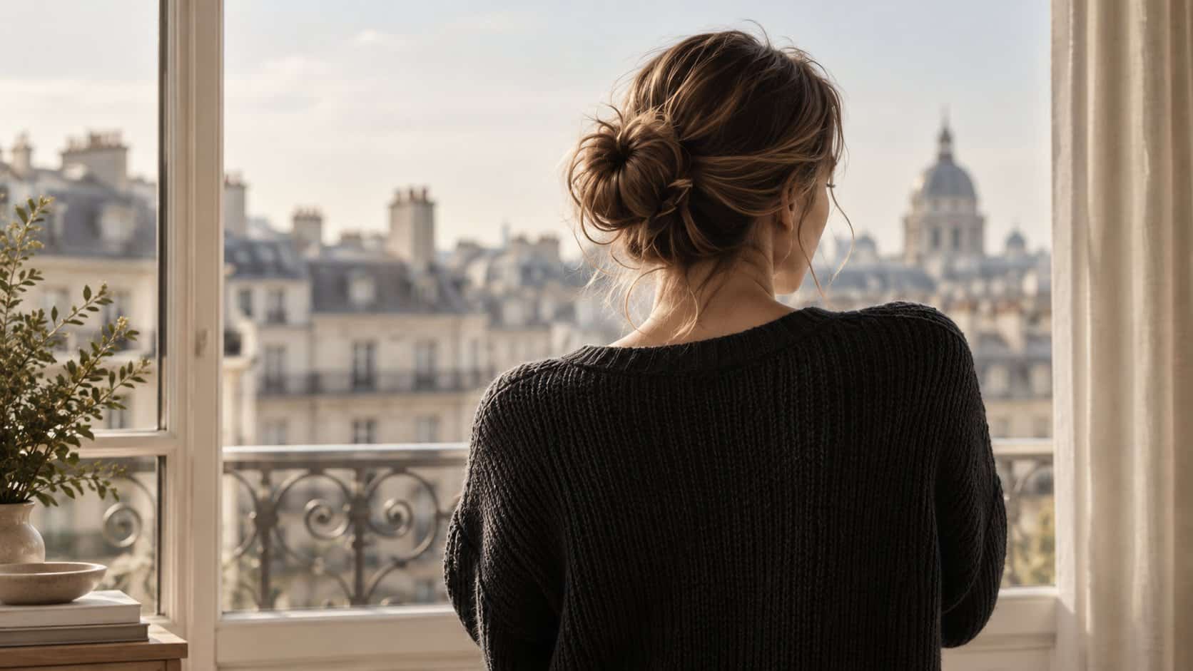 Une femme de dos en pull noir, devant une fenêtre parisienne.